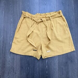Anne Klein Linen Blend Yellow High Rise Paperbag Shorts Large Boho Travel Resort